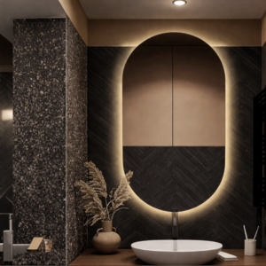 Frameless Luxury Oval LED Smart Bathroom Mirror – Gold Finish